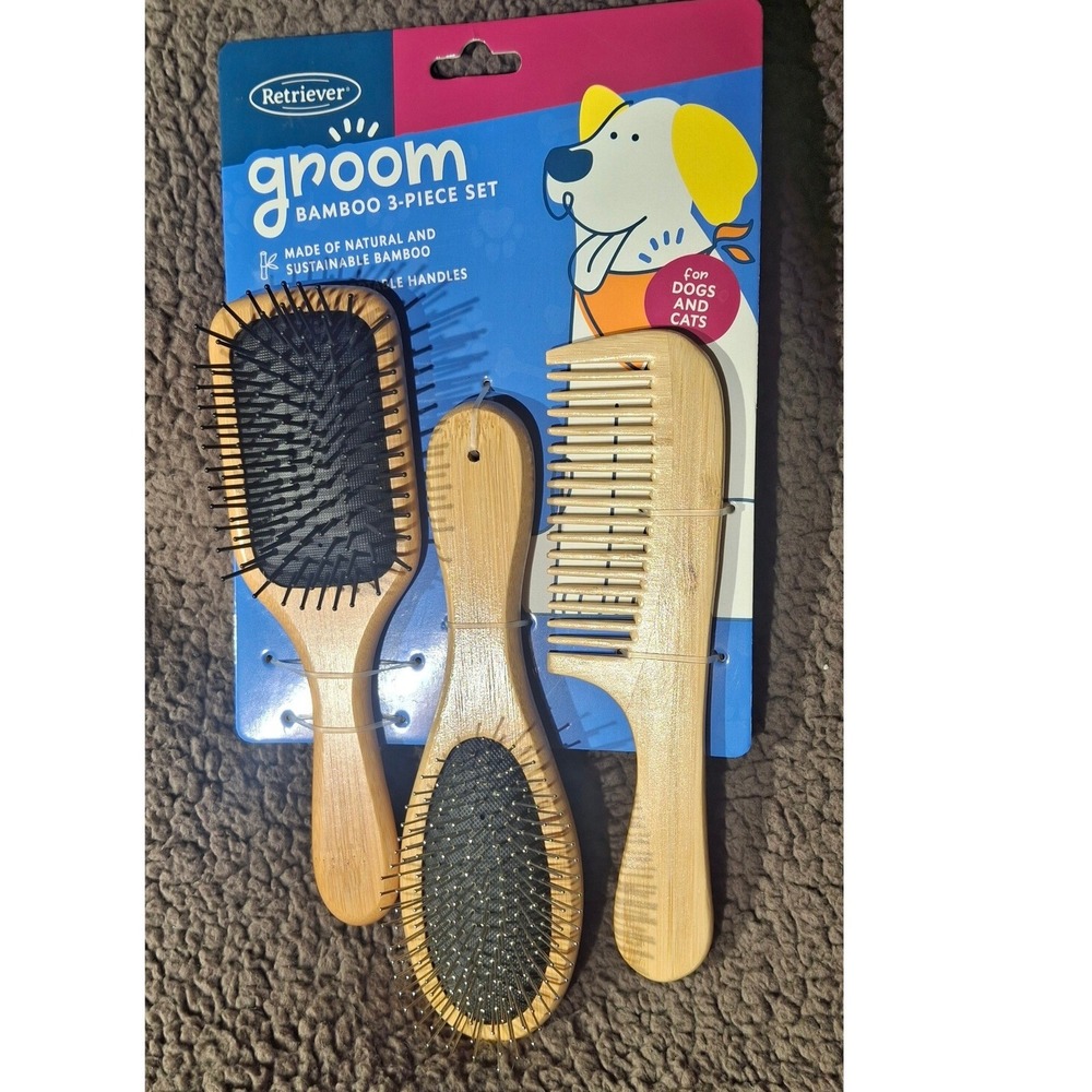 Retriever Groom 3-Piece Bamboo Pet Brush and Comb Set for Dogs and Cats NEW